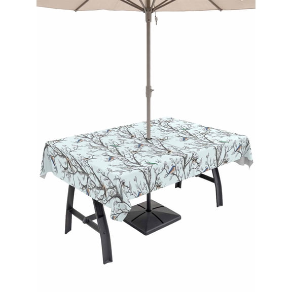 Outdoor Tablecloth with Umbrella Hole and Zipper, Natural Trees Branches Rectangle Table Cloth 54x80 Inch Waterproof Tablecloth, Colored Birds Vintage Rustic Blue Picnic Table Cover for Patio Camping