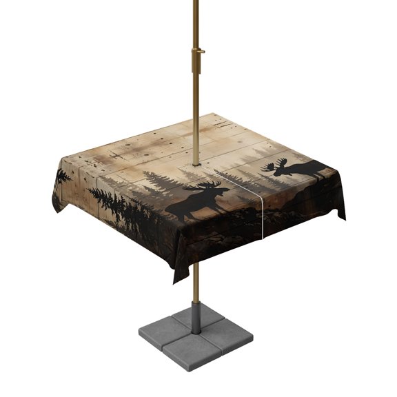 Outdoor Tablecloth with Umbrella Hole and Zipper, Nature Landscape Moose Forest Square Waterproof Table Cover 54x54in Washable Table Cloth for Patio Picnic Party Rustic Pine Silhouette Wildlife