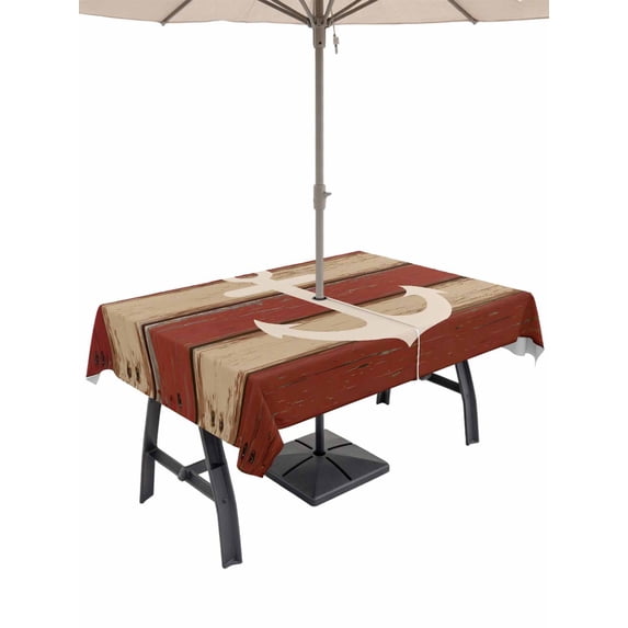 Outdoor Tablecloth with Umbrella Hole and Zipper, Nautical Anchor Rectangle Table Cloth 52x70 Inch Waterproof Tablecloth, Red Beige Rretro Wooden Board Textures Picnic Table Cover for Patio Camping