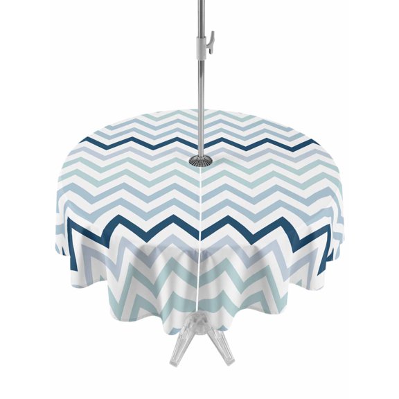Outdoor Tablecloth with Umbrella Hole and Zipper, Nautical Blue Herringbone Round Waterproof Table Cover 60in Washable Table Cloth for Patio Picnic Party Abstract Geometric Wavy Lines