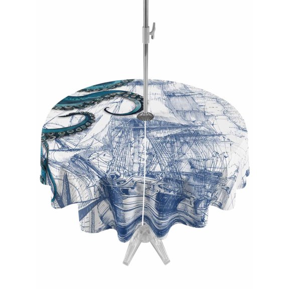 Outdoor Tablecloth with Umbrella Hole and Zipper, Nautical Blue Octopus Round Table Cloth 54 Inch Waterproof Tablecloth, Coastal Ocean Summer Boat Picnic Table Cover for Patio Camping