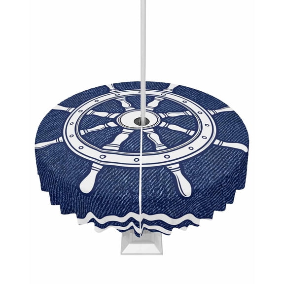 Outdoor Tablecloth with Umbrella Hole and Zipper Nautical Captain's Wheel Round Tablecloths 60 Inch Waterproof Helm Navy Blue Stripes Patio Table Cover for Outdoor Tables Picnic BBQS Party Decor