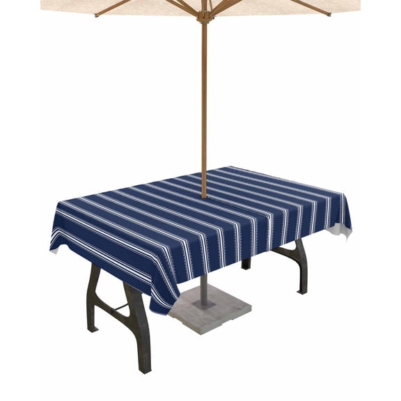 Outdoor Tablecloth with Umbrella Hole Zipper,Nautical Navy Blue White Stripes Waterproof Zippered Table Cloth for Rectangle Tables,Modern Geometric Art Patio Table Covers for Indoor Pinic Party