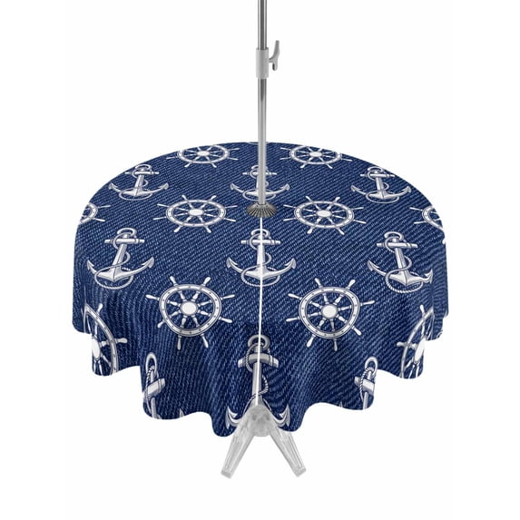 Outdoor Tablecloth with Umbrella Hole Zipper Navy Blue Anchor Nautical Round Tablecloth 54" Waterproof Outside Table Cloth Coastal Summer Ocean Sea Patio Table Cover Tablecloths for Picnic Party