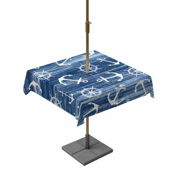 Outdoor Tablecloth with Umbrella Hole & Zipper, Navy Blue Anchor Nautical Square Tablecloth 54x54 Inch, Coastal Rudder Beach Patio Table Cover Waterproof Table Cloth for Picnic/Party