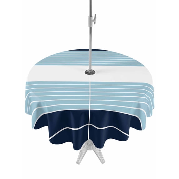 Outdoor Tablecloth with Umbrella Hole Zipper Navy Blue Aqua Stripe Round Tablecloth 60" Waterproof Outside Table Cloth Modern Art Horizontal Striped Patio Table Cover Tablecloths for Picnic Party