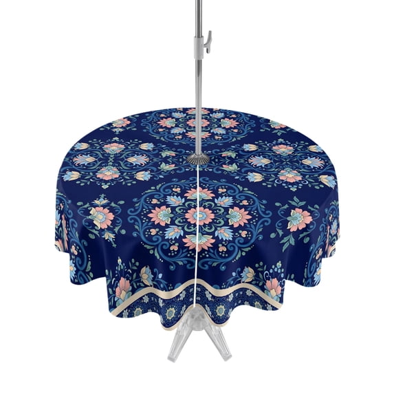 Outdoor Tablecloth with Umbrella Hole Zipper Navy Blue Boho Floral Round Tablecloth 60" Waterproof Outside Table Cloth Ethnic Tribe Farmhouse Artwork Patio Table Cover Tablecloths for Picnic Party