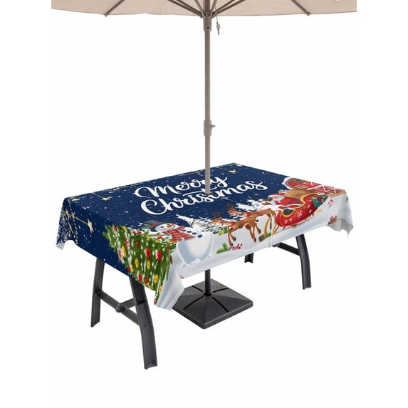 Outdoor Tablecloth with Umbrella Hole and Zipper, Navy Blue Christmas Rectangle Table Cloth 52x70 Inch Waterproof Tablecloth, Santa Snowman Snowflake Elk Xmas Tree Picnic Table Cover for Patio