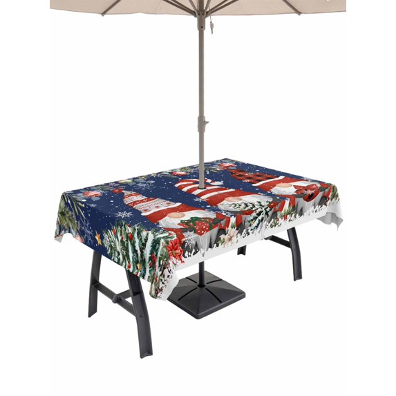 Outdoor Tablecloth with Umbrella Hole and Zipper, Navy Blue Christmas Rectangle Table Cloth 54x80 Inch Waterproof Tablecloth, Gnomes Xmas Tree Poinsettia Eucalyptus Picnic Table Cover for Patio