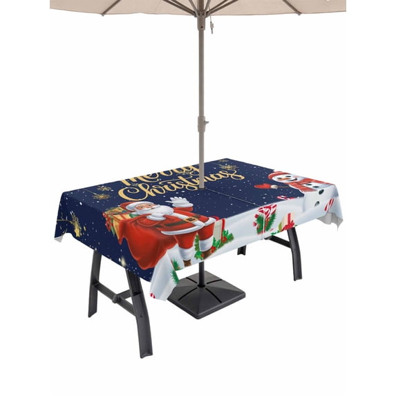 Outdoor Tablecloth with Umbrella Hole and Zipper, Navy Blue Christmas Rectangle Table Cloth 54x80 Inch Waterproof Tablecloth, Santa Snowman Xmas Gifts Snowflake Winter Picnic Table Cover for Patio
