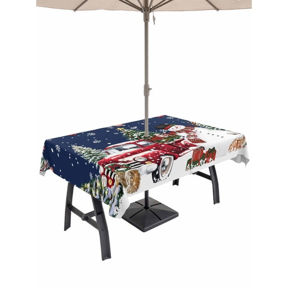 Outdoor Tablecloth with Umbrella Hole and Zipper, Navy Blue Christmas Rectangle Table Cloth 54x80 Inch Waterproof Tablecloth, Snowman Xmas Truck Balls Tree Picnic Table Cover for Patio Camping