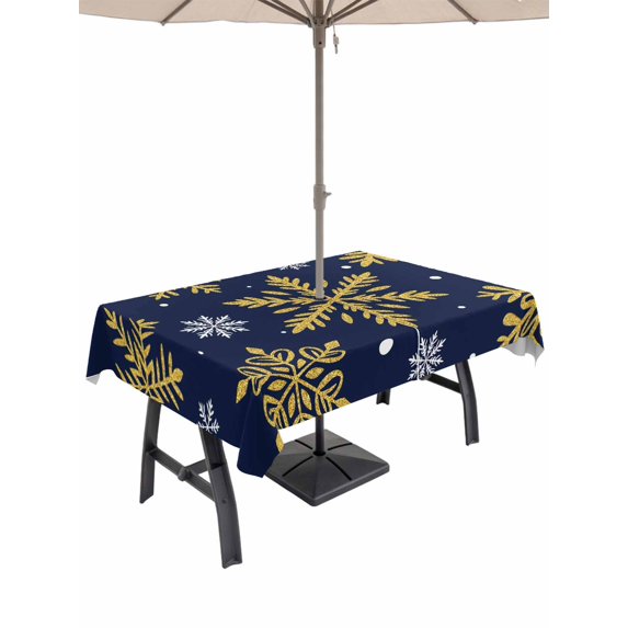 Outdoor Tablecloth with Umbrella Hole and Zipper, Navy Blue Christmas Rectangle Table Cloth 54x80 Inch Waterproof Tablecloth, Winter Xmas Snowflakes Textured Picnic Table Cover for Patio Camping