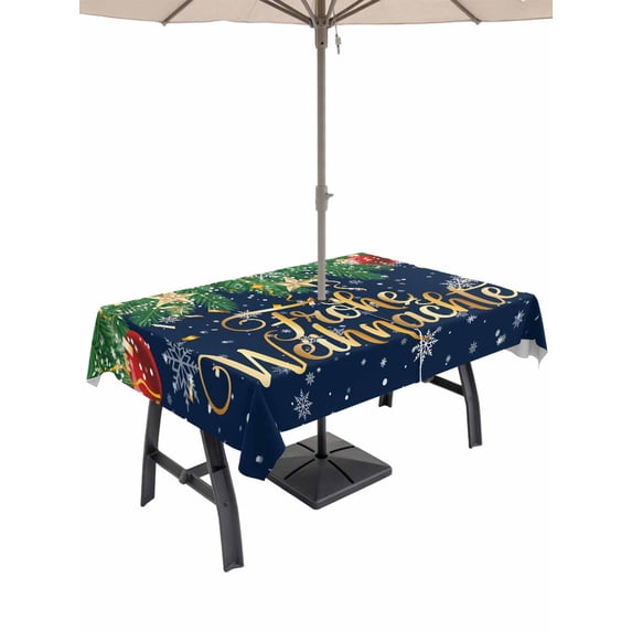 Outdoor Tablecloth with Umbrella Hole and Zipper, Navy Blue Christmas Rectangle Table Cloth 54x80 Inch Waterproof Tablecloth, Xmas Balls Snowflake Winter Picnic Table Cover for Patio Camping