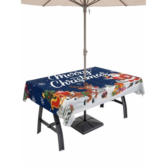 Outdoor Tablecloth with Umbrella Hole and Zipper, Navy Blue Christmas Rectangle Table Cloth 60x102 Inch Waterproof Tablecloth, Santa Elk Gifts Snowflake Winter Xmas Tree Picnic Table Cover for Patio