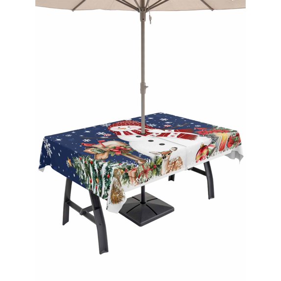 Outdoor Tablecloth with Umbrella Hole and Zipper, Navy Blue Christmas Rectangle Table Cloth 60x102 Inch Waterproof Tablecloth, Snowman Gifts Xmas Tree Snowflake Winter Picnic Table Cover for Patio