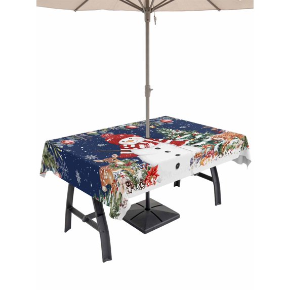 Outdoor Tablecloth with Umbrella Hole and Zipper, Navy Blue Christmas Rectangle Table Cloth 60x102 Inch Waterproof Tablecloth, Snowman Xmas Tree Poinsettia Eucalyptus Picnic Table Cover for Patio