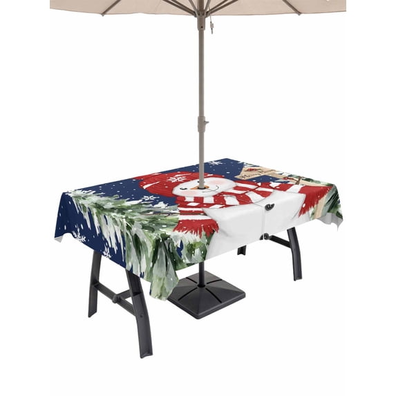 Outdoor Tablecloth with Umbrella Hole and Zipper, Navy Blue Christmas Rectangle Table Cloth 60x102 Inch Waterproof Tablecloth, Winter Snowman Snowflake Pine Tree Picnic Table Cover for Patio Camping