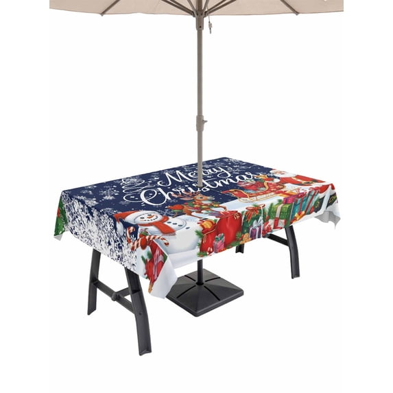 Outdoor Tablecloth with Umbrella Hole and Zipper, Navy Blue Christmas Rectangle Table Cloth 60x102 Inch Waterproof Tablecloth, Xmas Snowman Santa Elk Winter Snowflake Picnic Table Cover for Patio