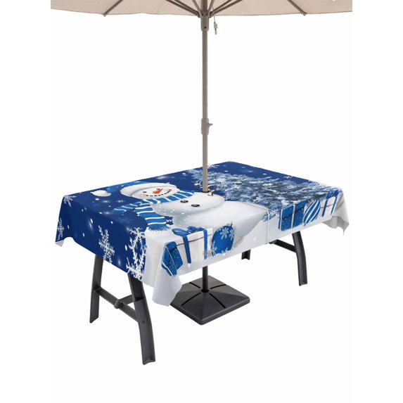 Outdoor Tablecloth with Umbrella Hole and Zipper, Navy Blue Christmas Rectangle Table Cloth 60x120 Inch Waterproof Tablecloth, Snowman Snowflake Gifts Xmas Tree Picnic Table Cover for Patio Camping