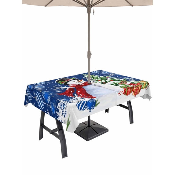 Outdoor Tablecloth with Umbrella Hole and Zipper, Navy Blue Christmas Rectangle Table Cloth 60x120 Inch Waterproof Tablecloth, Snowman Xmas Tree Ball Gifts Winter Picnic Table Cover for Patio Camping