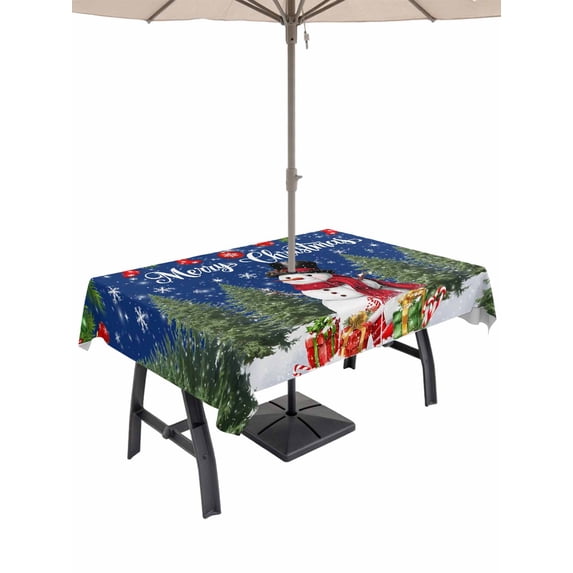 Outdoor Tablecloth with Umbrella Hole and Zipper, Navy Blue Christmas Rectangle Table Cloth 60x120 Inch Waterproof Tablecloth, Xmas Tree Ball Snowflake Winter Gifts Picnic Table Cover for Patio