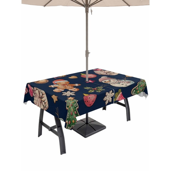 Outdoor Tablecloth with Umbrella Hole and Zipper, Navy Blue Christmas Rectangle Table Cloth 60x120 Inch Waterproof Tablecloth, Xmas Tree Balls Snowman Gingerbread Picnic Table Cover for Patio Camping