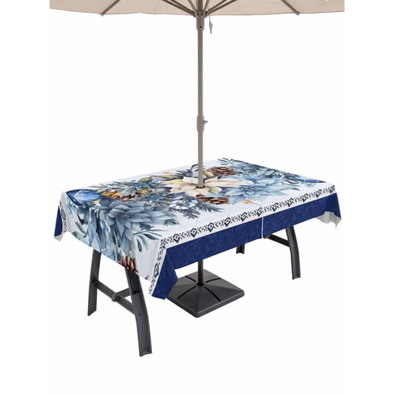 Outdoor Tablecloth with Umbrella Hole and Zipper, Navy Blue Christmas Rectangle Table Cloth 60x84 Inch Waterproof Tablecloth, Poinsettia Xmas Ball Berry Winter Picnic Table Cover for Patio Camping