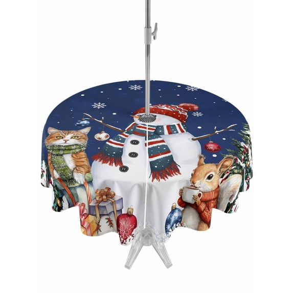 Outdoor Tablecloth with Umbrella Hole and Zipper, Navy Blue Christmas Round Table Cloth 60 Inch Waterproof Tablecloth, Snowman Squirrel Pine Tree Snowflake Picnic Table Cover for Patio Camping