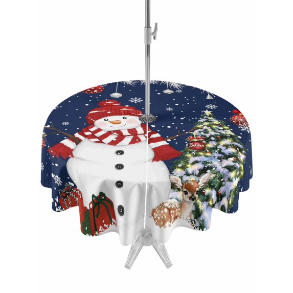 Outdoor Tablecloth with Umbrella Hole and Zipper, Navy Blue Christmas Round Table Cloth 60 Inch Waterproof Tablecloth, Snowman Xmas Balls Pine Needle Tree Picnic Table Cover for Patio Camping