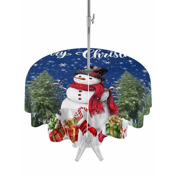 Outdoor Tablecloth with Umbrella Hole and Zipper, Navy Blue Christmas Round Table Cloth 60 Inch Waterproof Tablecloth, Snowman Xmas Tree Snowflake Winter Gifts Picnic Table Cover for Patio Camping