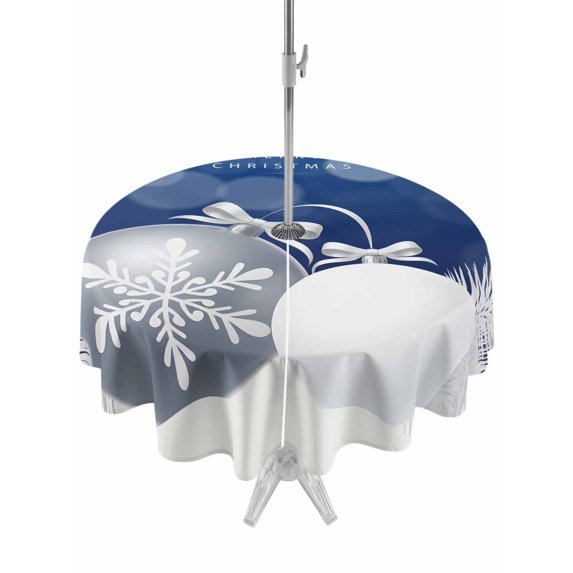 Outdoor Tablecloth with Umbrella Hole and Zipper, Navy Blue Christmas Round Table Cloth 60 Inch Waterproof Tablecloth, Xmas Balls Pine Needles Snowflakes Picnic Table Cover for Patio Camping