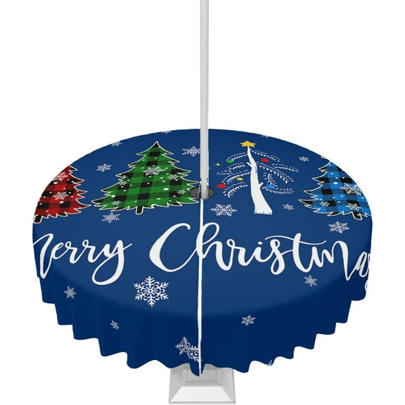 Outdoor Tablecloth with Umbrella Hole & Zipper, Navy Blue Christmas Round Tablecloth 60 Inch, Xmas Tree Winter Snowflake Patio Table Cover Waterproof Table Cloth for Picnic/Party