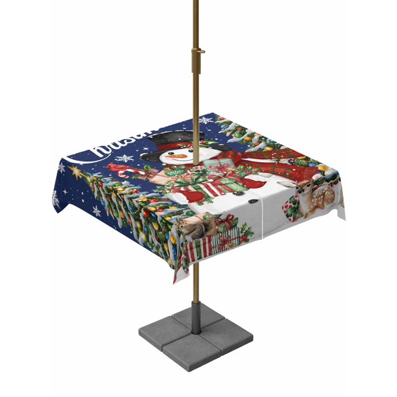 Outdoor Tablecloth with Umbrella Hole and Zipper, Navy Blue Christmas Snowman Square Table Cloth 60x60 Inch Waterproof Tablecloth, Xmas Tree Snowflake Botanical Picnic Table Cover for Patio Camping