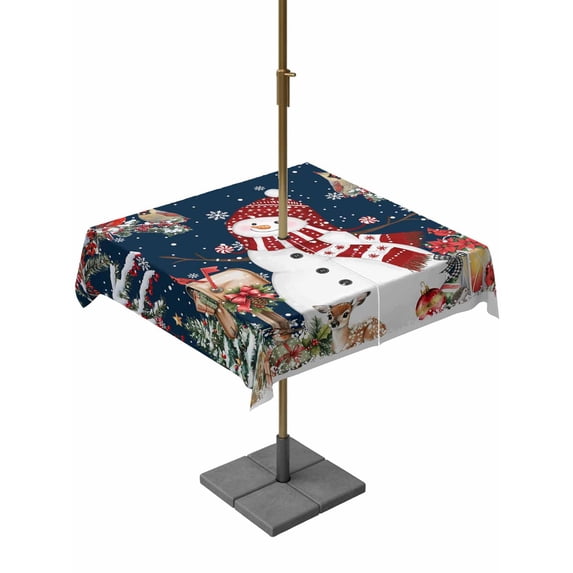 Outdoor Tablecloth with Umbrella Hole and Zipper, Navy Blue Christmas Square Table Cloth 54x54 Inch Waterproof Tablecloth, Red Snowman Xmas Tree Snowflake Winter Picnic Table Cover for Patio Camping