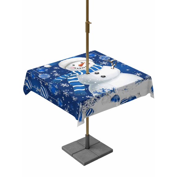 Outdoor Tablecloth with Umbrella Hole and Zipper, Navy Blue Christmas Square Table Cloth 54x54 Inch Waterproof Tablecloth, Snowman Xmas Snowflake Ball Winter Picnic Table Cover for Patio Camping