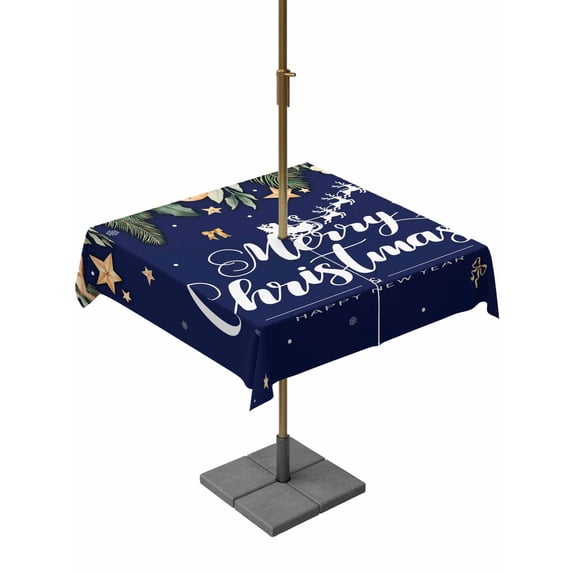 Outdoor Tablecloth with Umbrella Hole and Zipper, Navy Blue Christmas Square Table Cloth 54x54 Inch Waterproof Tablecloth, Xmas Botanical Ball Bell Picnic Table Cover for Patio Camping
