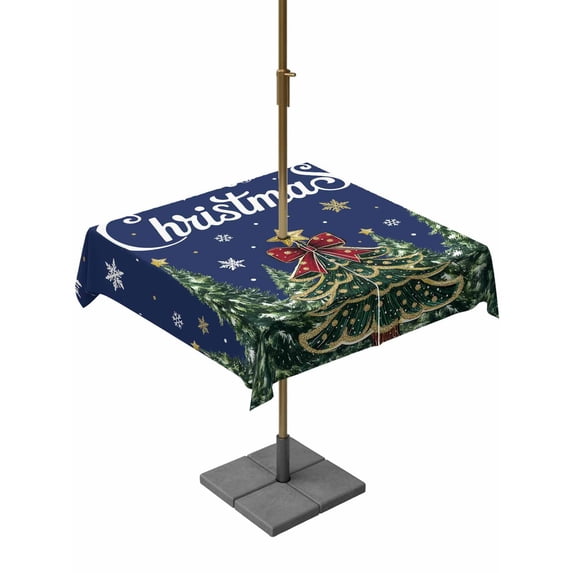 Outdoor Tablecloth with Umbrella Hole and Zipper, Navy Blue Christmas Square Table Cloth 60x60 Inch Waterproof Tablecloth, Green Xmas Tree Snowflake Winter Picnic Table Cover for Patio Camping