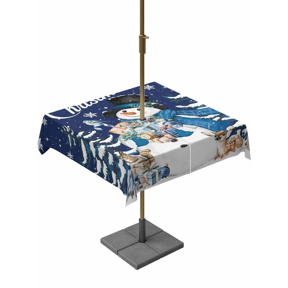Outdoor Tablecloth with Umbrella Hole and Zipper, Navy Blue Christmas Square Table Cloth 60x60 Inch Waterproof Tablecloth, Snowman Xmas Snowflake Gifts Winter Picnic Table Cover for Patio Camping