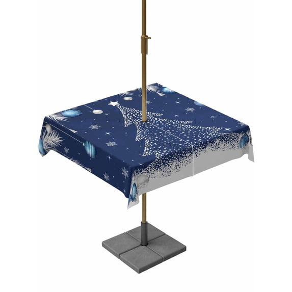 Outdoor Tablecloth with Umbrella Hole and Zipper, Navy Blue Christmas Tree Square Table Cloth 54x54 Inch Waterproof Tablecloth, Xmas Balls Pine Needles Snowflake Picnic Table Cover for Patio Camping