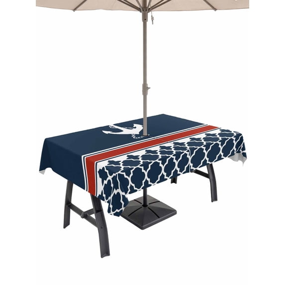 Outdoor Tablecloth with Umbrella Hole and Zipper, Navy Blue Coastal Rectangle Table Cloth 54x80 Inch Waterproof Tablecloth, Nautical Ocean Sea Anchor Abstract Art Picnic Table Cover for Patio Camping