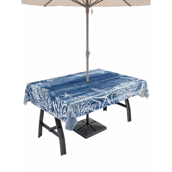 Outdoor Tablecloth with Umbrella Hole & Zipper, Navy Blue Coastal Rectangle Tablecloth 52x70 Inch, Ocean Beach Coral Starfish Nautical Vintage Patio Table Cover Waterproof Table Cloth for Picnic