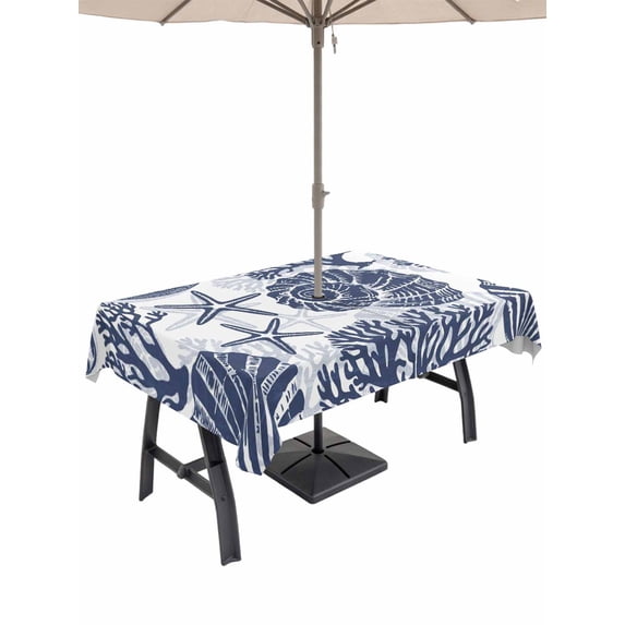 Outdoor Tablecloth with Umbrella Hole & Zipper, Navy Blue Coastal Rectangle Tablecloth 60x102 Inch, Beach Starfish Nautical Coral Shell Summer Patio Table Cover Waterproof Table Cloth for Picnic