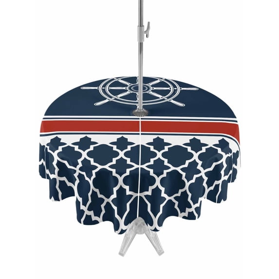 Outdoor Tablecloth with Umbrella Hole and Zipper, Navy Blue Coastal Round Table Cloth 54 Inch Waterproof Tablecloth, Nautical Ocean Sea Rudder Abstract Art Picnic Table Cover for Patio Camping