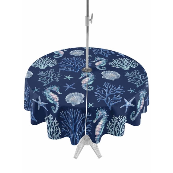 Outdoor Tablecloth with Umbrella Hole Zipper Navy Blue Coastal Round Tablecloth 54" Waterproof Outside Table Cloth Nautical Ocean Seahorse Coral Shell Patio Table Cover Tablecloths for Picnic Party