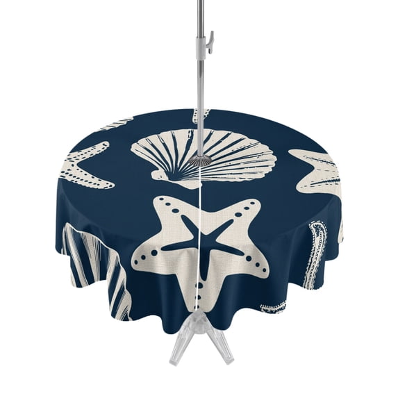 Outdoor Tablecloth with Umbrella Hole & Zipper, Navy Blue Coastal Round Tablecloth 60 Inch, Summer Starfish Shell Beach Patio Table Cover Waterproof Table Cloth for Picnic/Party