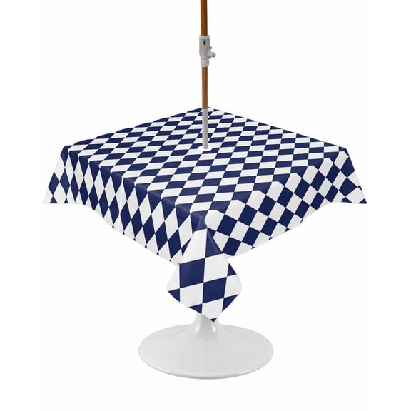 Outdoor Tablecloth with Umbrella Hole and Zipper Navy Blue Diamond Plaid Square Tablecloths 54x54 Inch Waterproof Table Cloths White Geometric Check Patio Table Cover for Picnic BBQS Party