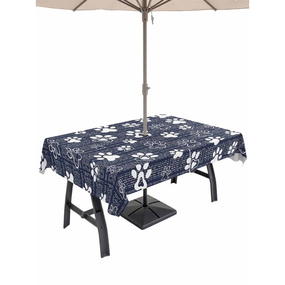 Outdoor Tablecloth with Umbrella Hole & Zipper, Navy Blue Dog Paw Rectangle Tablecloth 60x84 Inch, Modern Geometric Abstract Aesthetics Patio Table Cover Waterproof Table Cloth for Picnic/Party