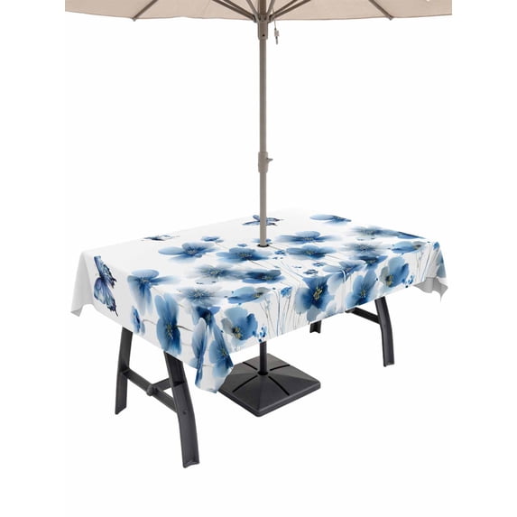 Outdoor Tablecloth with Umbrella Hole and Zipper, Navy Blue Floral Rectangle Table Cloth 60x102 Inch Waterproof Tablecloth, Spring Flowers Butterflies Watercolor Picnic Table Cover for Patio Camping
