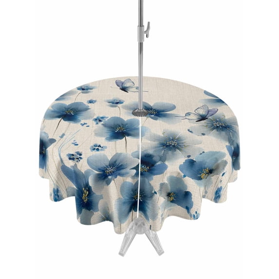 Outdoor Tablecloth with Umbrella Hole and Zipper, Navy Blue Floral Round Table Cloth 60 Inch Waterproof Tablecloth, Spring Flowers Rustic Butterfly Picnic Table Cover for Patio Camping