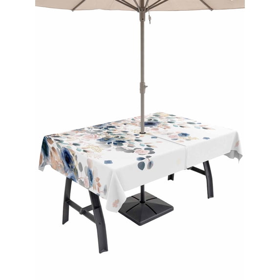 Outdoor Tablecloth with Umbrella Hole and Zipper, Navy Blue Flowers Rectangle Table Cloth 60x102 Inch Waterproof Tablecloth, Spring Floral Elegant Pastoral Watercolor Picnic Table Cover for Patio